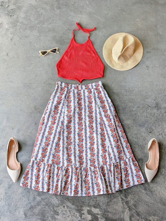 o.p.t Dresses & Skirts - O.P.T. White Autumn Floral Striped Cotton Ruffle Midi Skirt small